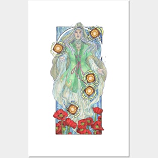 Lady of August with Peridot and Poppies Floating Obon Lanterns Water Goddess Mucha Inspired Birthstone Series Posters and Art